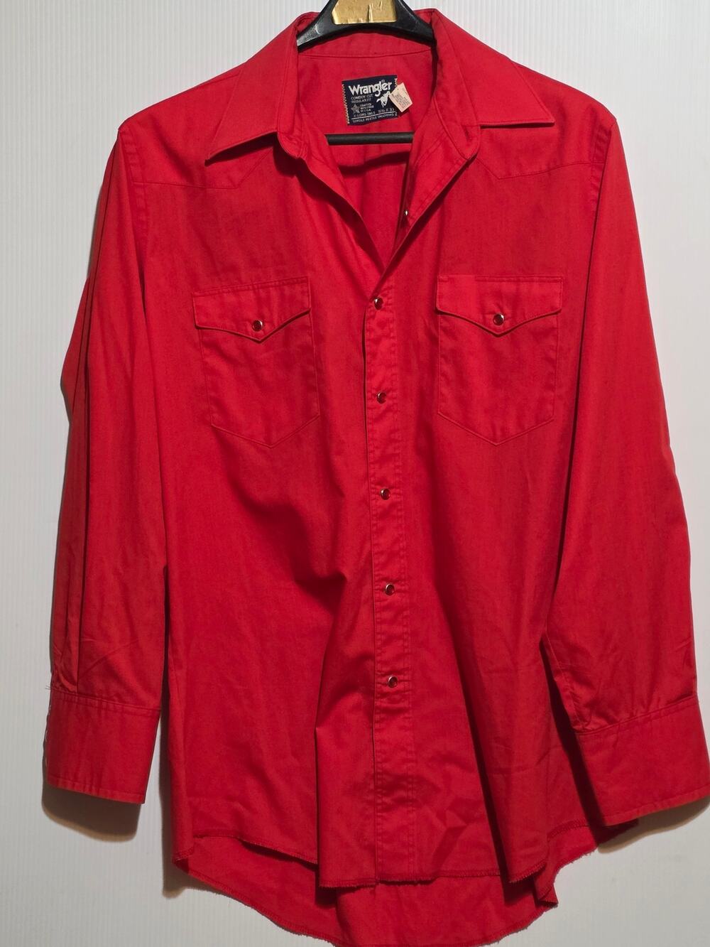 Vintage Wrangler Cowboy Cut Pearl Snap Shirt Red USA Western Rodeo Size 16.5x33